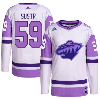 Men's Andrej Sustr Minnesota Wild Adidas Hockey Fights Cancer Primegreen Jersey - Authentic White/Purple