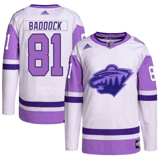 Men's Brandon Baddock Minnesota Wild Adidas Hockey Fights Cancer Primegreen Jersey - Authentic White/Purple