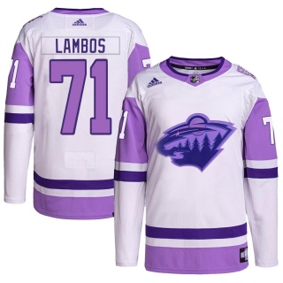 Men's Carson Lambos Minnesota Wild Adidas Hockey Fights Cancer Primegreen Jersey - Authentic White/Purple