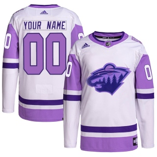 Men's Custom Minnesota Wild Adidas Custom Hockey Fights Cancer Primegreen Jersey - Authentic White/Purple