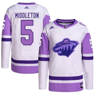Men's Jake Middleton Minnesota Wild Adidas Hockey Fights Cancer Primegreen Jersey - Authentic White/Purple
