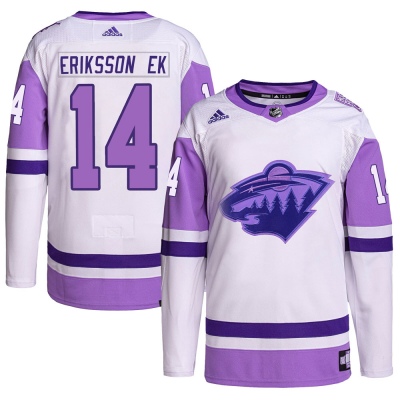 Men's Joel Eriksson Ek Minnesota Wild Adidas Hockey Fights Cancer Primegreen Jersey - Authentic White/Purple