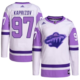 Men's Kirill Kaprizov Minnesota Wild Adidas Hockey Fights Cancer Primegreen Jersey - Authentic White/Purple