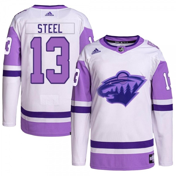 Men's Sam Steel Minnesota Wild Adidas Hockey Fights Cancer Primegreen Jersey - Authentic White/Purple