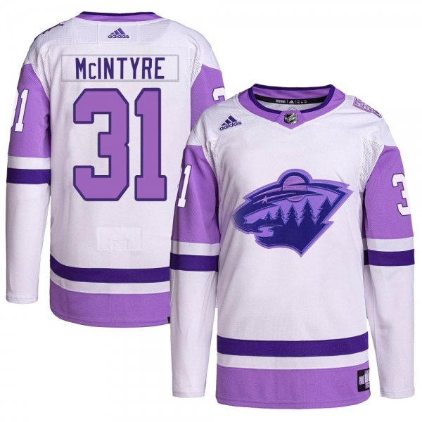 Men's Zane McIntyre Minnesota Wild Adidas Hockey Fights Cancer Primegreen Jersey - Authentic White/Purple