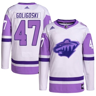 Youth Alex Goligoski Minnesota Wild Adidas Hockey Fights Cancer Primegreen Jersey - Authentic White/Purple