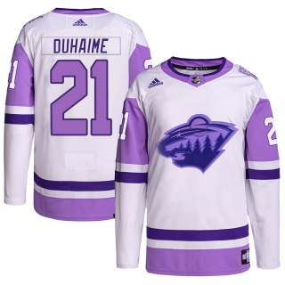 Youth Brandon Duhaime Minnesota Wild Adidas Hockey Fights Cancer Primegreen Jersey - Authentic White/Purple