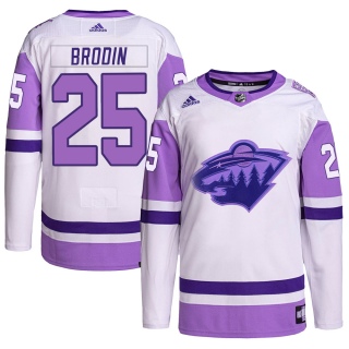 Youth Jonas Brodin Minnesota Wild Adidas Hockey Fights Cancer Primegreen Jersey - Authentic White/Purple